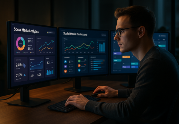 A sleek, modern workspace with a focused digital marketer analyzing multi-screen social media dashboards displaying vibrant analytics and scheduling tools, bathed in soft, cinematic lighting that highlights advanced technology and productivity in a stylish office environment.