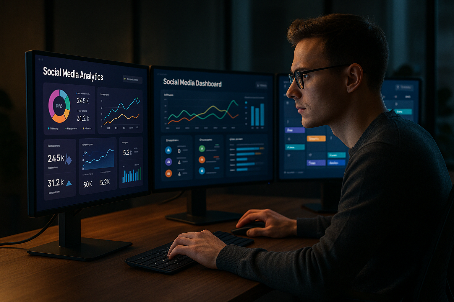 A sleek, modern workspace with a focused digital marketer analyzing multi-screen social media dashboards displaying vibrant analytics and scheduling tools, bathed in soft, cinematic lighting that highlights advanced technology and productivity in a stylish office environment.
