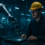A cinematic shot of a sleek, futuristic industrial robot arm working seamlessly alongside a human engineer inside a modern, high-tech factory with glowing AI interfaces subtly visible through ambient lighting, showcasing advanced automation and collaboration.