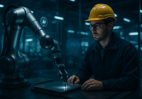 A cinematic shot of a sleek, futuristic industrial robot arm working seamlessly alongside a human engineer inside a modern, high-tech factory with glowing AI interfaces subtly visible through ambient lighting, showcasing advanced automation and collaboration.