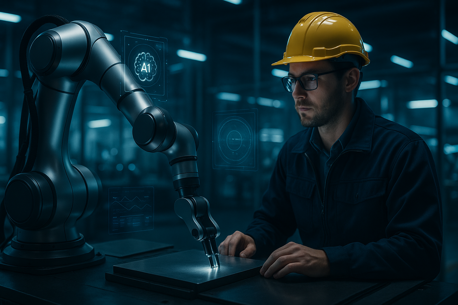 A cinematic shot of a sleek, futuristic industrial robot arm working seamlessly alongside a human engineer inside a modern, high-tech factory with glowing AI interfaces subtly visible through ambient lighting, showcasing advanced automation and collaboration.