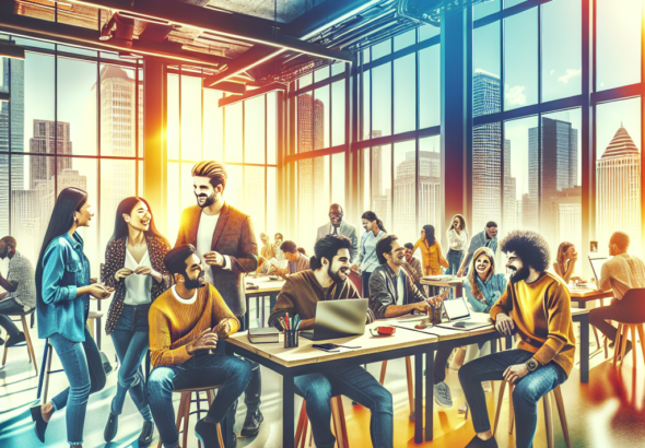 A vibrant, cinematic photo capturing a diverse group of energetic entrepreneurs collaborating and celebrating in a modern Michigan co-working space filled with startup workstations, natural light, and subtle cityscape views through large windows, conveying the dynamic spirit of Small Business Week and local innovation.
