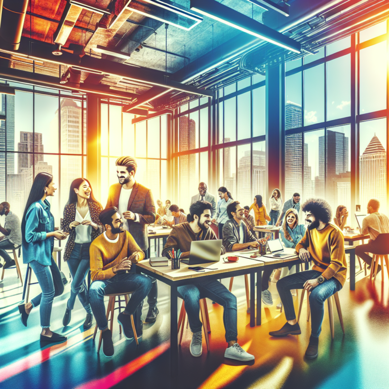 A vibrant, cinematic photo capturing a diverse group of energetic entrepreneurs collaborating and celebrating in a modern Michigan co-working space filled with startup workstations, natural light, and subtle cityscape views through large windows, conveying the dynamic spirit of Small Business Week and local innovation.