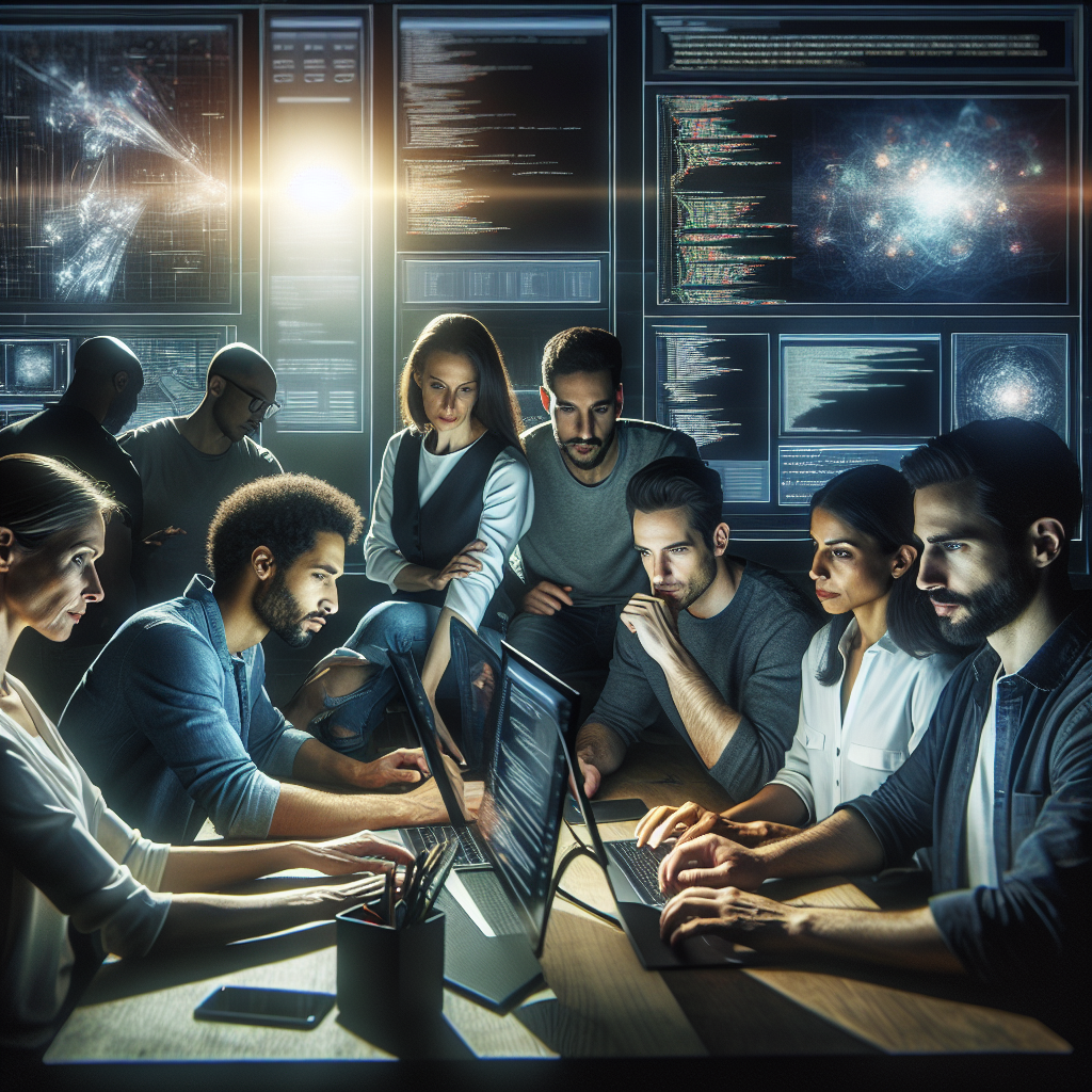A diverse group of focused professionals collaborating around a high-tech workspace filled with multiple screens displaying AI data visualizations and code, bathed in dramatic, cinematic lighting that emphasizes hands-on teamwork and innovation in artificial intelligence development.