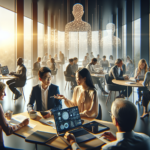 A cinematic editorial photograph capturing a diverse group of professionals and students engaged in an interactive AI workshop set in a modern conference room with warm natural light, displaying collaborative discussions, laptops with data visuals, and subtle technological elements symbolizing innovation and community empowerment in Kohima.