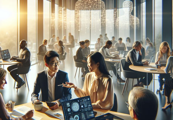 A cinematic editorial photograph capturing a diverse group of professionals and students engaged in an interactive AI workshop set in a modern conference room with warm natural light, displaying collaborative discussions, laptops with data visuals, and subtle technological elements symbolizing innovation and community empowerment in Kohima.