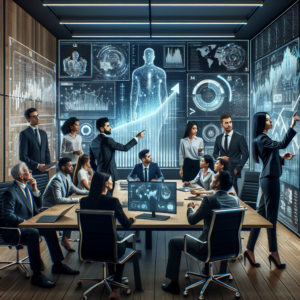 A modern conference room filled with diverse professionals engaged in a dynamic discussion around futuristic digital holograms and data visualizations representing AI and financial technology innovations, captured in cinematic lighting and a sharp editorial style.