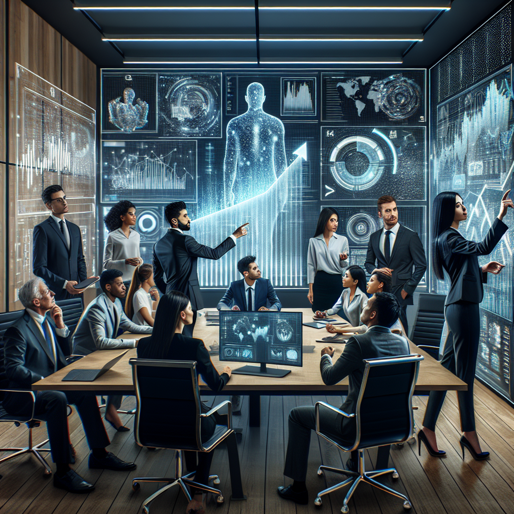 A modern conference room filled with diverse professionals engaged in a dynamic discussion around futuristic digital holograms and data visualizations representing AI and financial technology innovations, captured in cinematic lighting and a sharp editorial style.