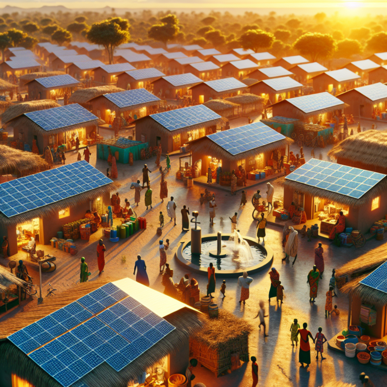 A cinematic aerial view of a vibrant African village at sunset, featuring modern solar panels on rooftops and community buildings, with local people engaging around sustainably powered water pumps and market stalls, showcasing clean energy transforming daily life in a warm, hopeful atmosphere.