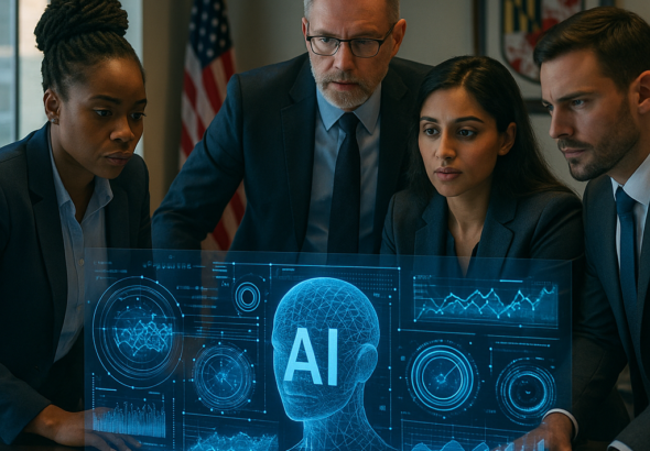 A cinematic, editorial-style image showing a diverse team of professionals collaborating around futuristic digital holograms and AI data visualizations in a modern government office building with Maryland state symbols subtly incorporated in the background, conveying innovation, technology, and forward-looking public service.