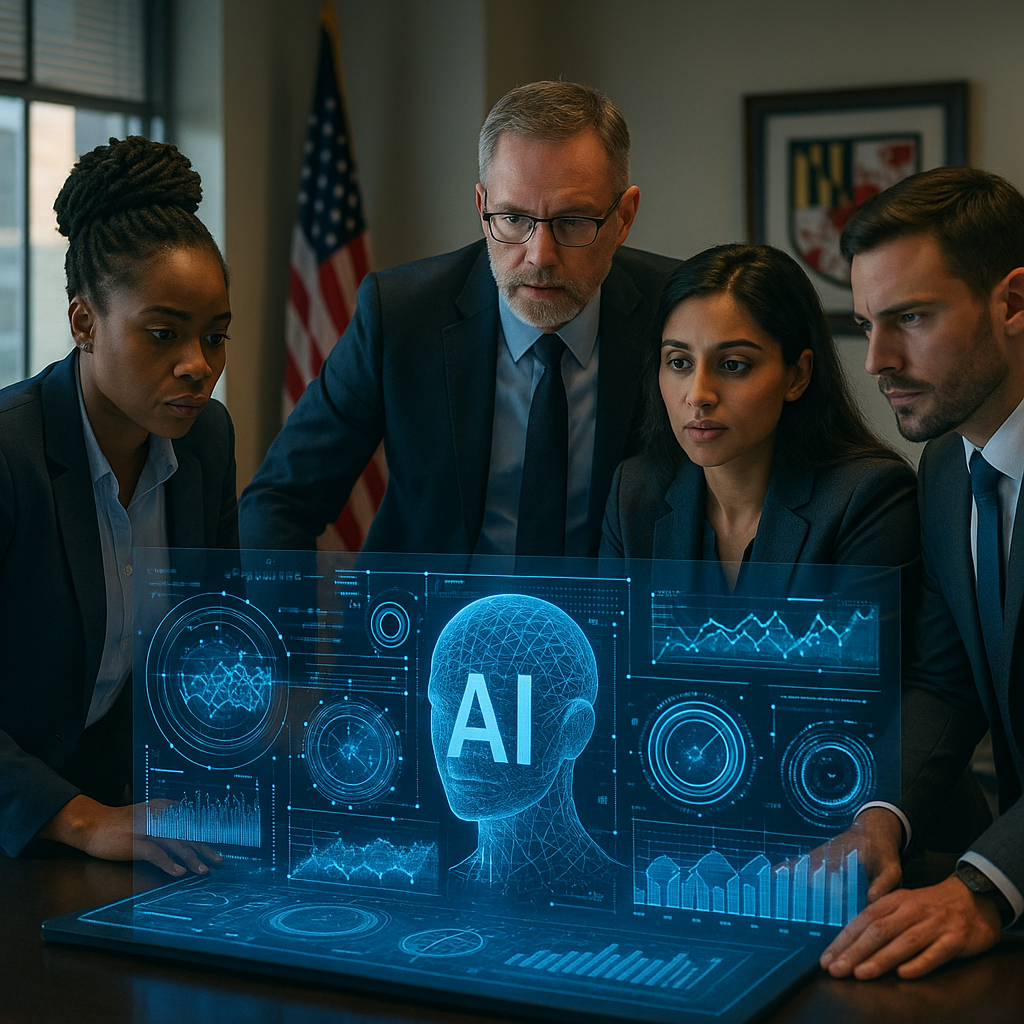 A cinematic, editorial-style image showing a diverse team of professionals collaborating around futuristic digital holograms and AI data visualizations in a modern government office building with Maryland state symbols subtly incorporated in the background, conveying innovation, technology, and forward-looking public service.