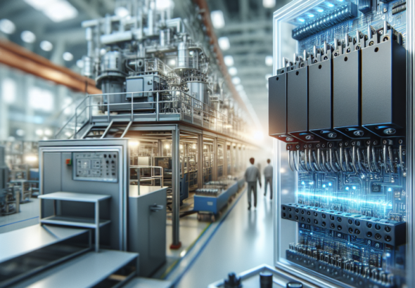 A cinematic close-up of a high-tech industrial relay component integrated into a modern automated manufacturing control panel, with soft focused factory machinery and glowing digital interfaces in the background, conveying precision engineering and advanced industrial automation.