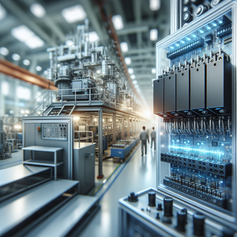 A cinematic close-up of a high-tech industrial relay component integrated into a modern automated manufacturing control panel, with soft focused factory machinery and glowing digital interfaces in the background, conveying precision engineering and advanced industrial automation.