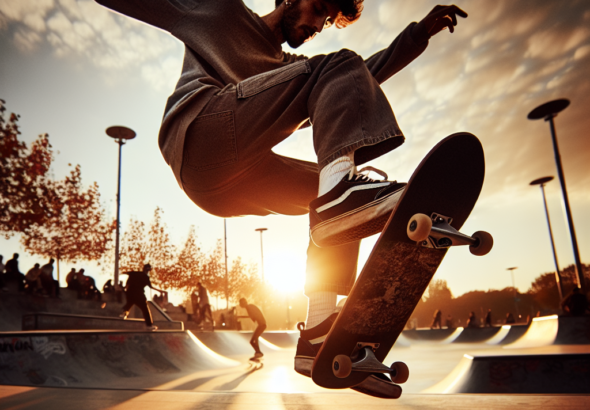 A cinematic editorial photograph of a skilled skateboarder mid-trick wearing stylish, durable skate shoes inspired by classic 1990s and 2000s skate culture, set against an urban skatepark backdrop at golden hour, capturing the dynamic energy and legacy of Colin McKay’s influence on DC Shoes and skateboarding culture.