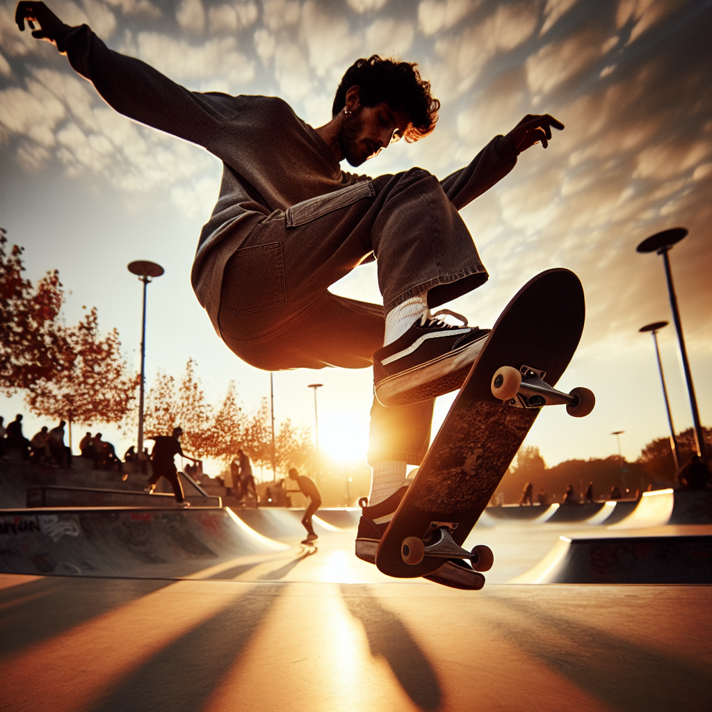 A cinematic editorial photograph of a skilled skateboarder mid-trick wearing stylish, durable skate shoes inspired by classic 1990s and 2000s skate culture, set against an urban skatepark backdrop at golden hour, capturing the dynamic energy and legacy of Colin McKay’s influence on DC Shoes and skateboarding culture.
