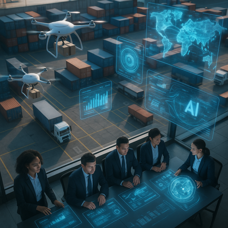 A cinematic overhead view of a modern logistics hub with autonomous drones and digital holographic interfaces displaying dynamic AI data streams, connected global supply routes, and diverse business professionals collaborating in a high-tech control room.