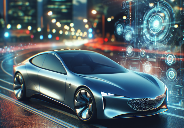 A sleek, modern Honda car parked in an urban setting at dusk with soft cinematic lighting, a digital interface hologram subtly overlaying next to the vehicle to symbolize innovation and strategic brand transformation, captured in a high-resolution editorial style.