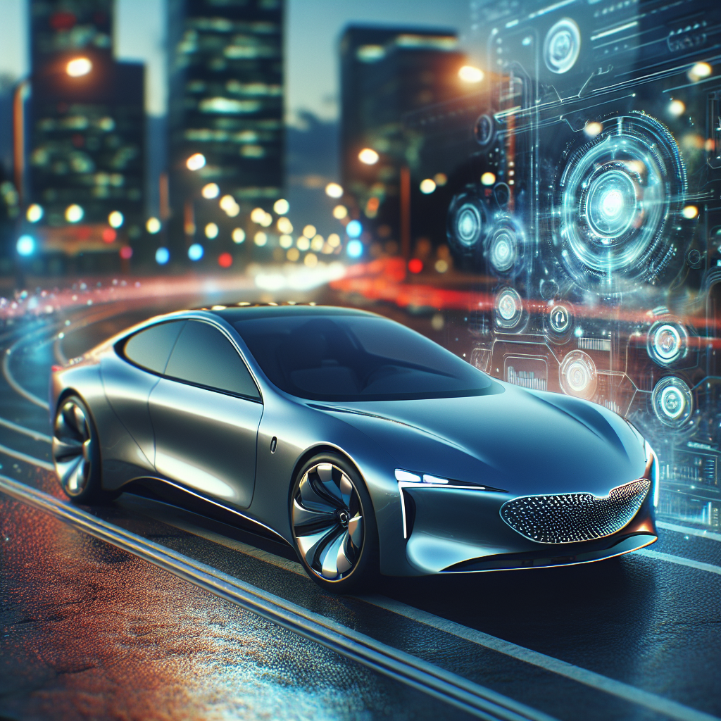 A sleek, modern Honda car parked in an urban setting at dusk with soft cinematic lighting, a digital interface hologram subtly overlaying next to the vehicle to symbolize innovation and strategic brand transformation, captured in a high-resolution editorial style.