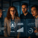 A focused, diverse team of customer experience professionals collaboratively analyzing data and AI-driven insights on multiple large transparent digital screens in a modern, sleek office space, with soft cinematic lighting emphasizing innovation and human-AI synergy.