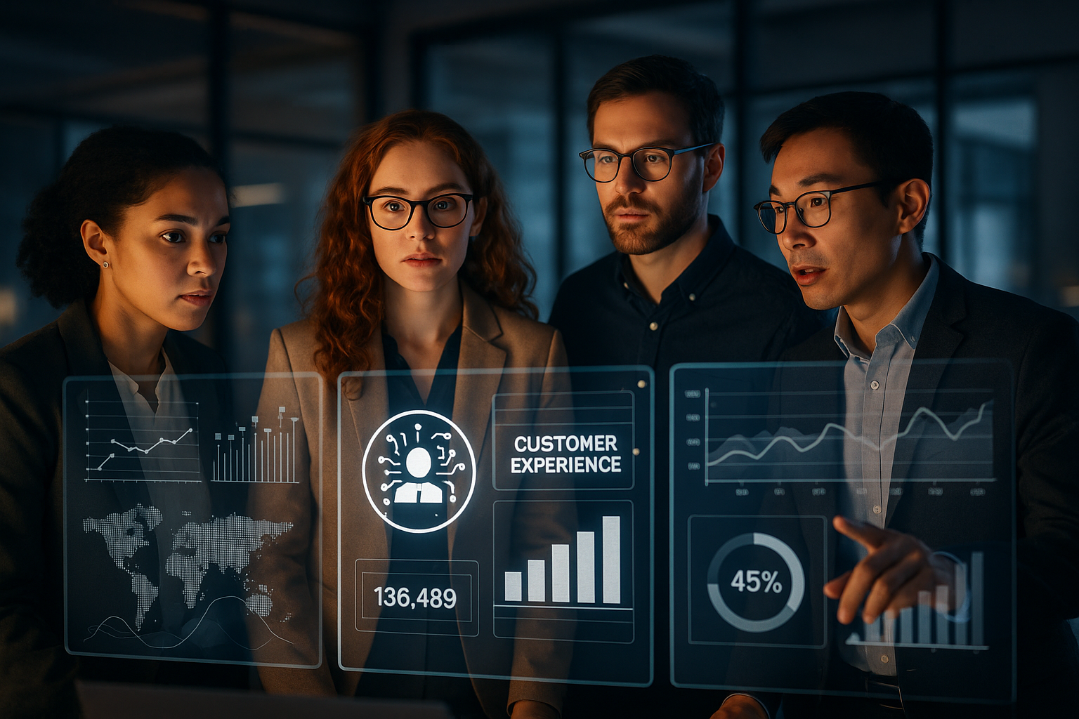 A focused, diverse team of customer experience professionals collaboratively analyzing data and AI-driven insights on multiple large transparent digital screens in a modern, sleek office space, with soft cinematic lighting emphasizing innovation and human-AI synergy.