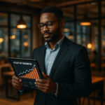 A confident entrepreneur in a modern co-working space, thoughtfully engaging with a digital tablet displaying startup growth analytics, bathed in warm cinematic lighting that highlights innovation and strategic leadership.