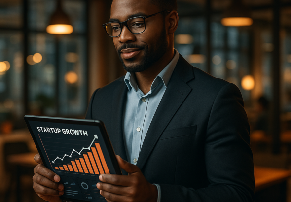 A confident entrepreneur in a modern co-working space, thoughtfully engaging with a digital tablet displaying startup growth analytics, bathed in warm cinematic lighting that highlights innovation and strategic leadership.