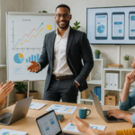 A confident entrepreneur in modern business attire leading a dynamic team brainstorming session in a stylish, bright startup office with digital charts and prototypes visible, capturing innovation, collaboration, and forward-thinking energy.