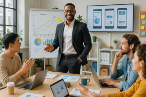 A confident entrepreneur in modern business attire leading a dynamic team brainstorming session in a stylish, bright startup office with digital charts and prototypes visible, capturing innovation, collaboration, and forward-thinking energy.