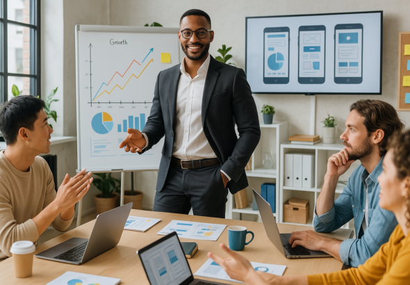 A confident entrepreneur in modern business attire leading a dynamic team brainstorming session in a stylish, bright startup office with digital charts and prototypes visible, capturing innovation, collaboration, and forward-thinking energy.