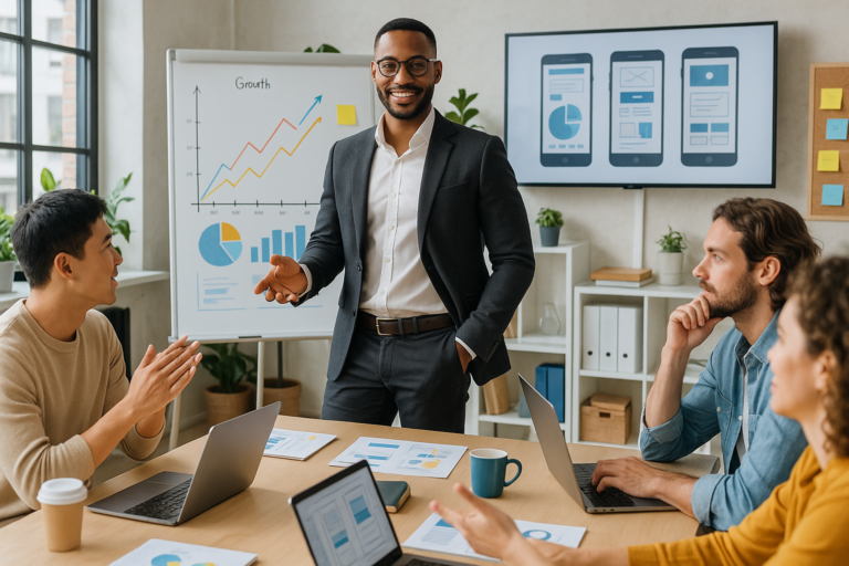 A confident entrepreneur in modern business attire leading a dynamic team brainstorming session in a stylish, bright startup office with digital charts and prototypes visible, capturing innovation, collaboration, and forward-thinking energy.
