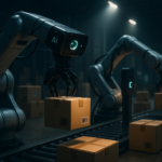 A high-tech industrial warehouse scene featuring advanced robotic arms with integrated AI-powered 3D vision cameras assembling and sorting products, surrounded by sleek barcode scanners and RFID sensors subtly integrated into the environment, under dramatic, cinematic lighting that highlights the synergy of automation and intelligent technology.