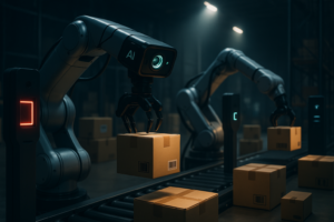 A high-tech industrial warehouse scene featuring advanced robotic arms with integrated AI-powered 3D vision cameras assembling and sorting products, surrounded by sleek barcode scanners and RFID sensors subtly integrated into the environment, under dramatic, cinematic lighting that highlights the synergy of automation and intelligent technology.