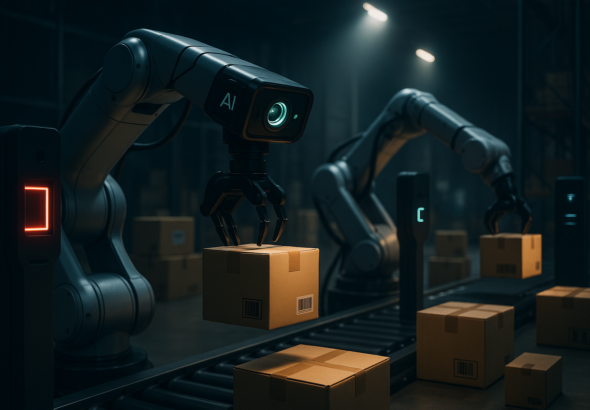 A high-tech industrial warehouse scene featuring advanced robotic arms with integrated AI-powered 3D vision cameras assembling and sorting products, surrounded by sleek barcode scanners and RFID sensors subtly integrated into the environment, under dramatic, cinematic lighting that highlights the synergy of automation and intelligent technology.