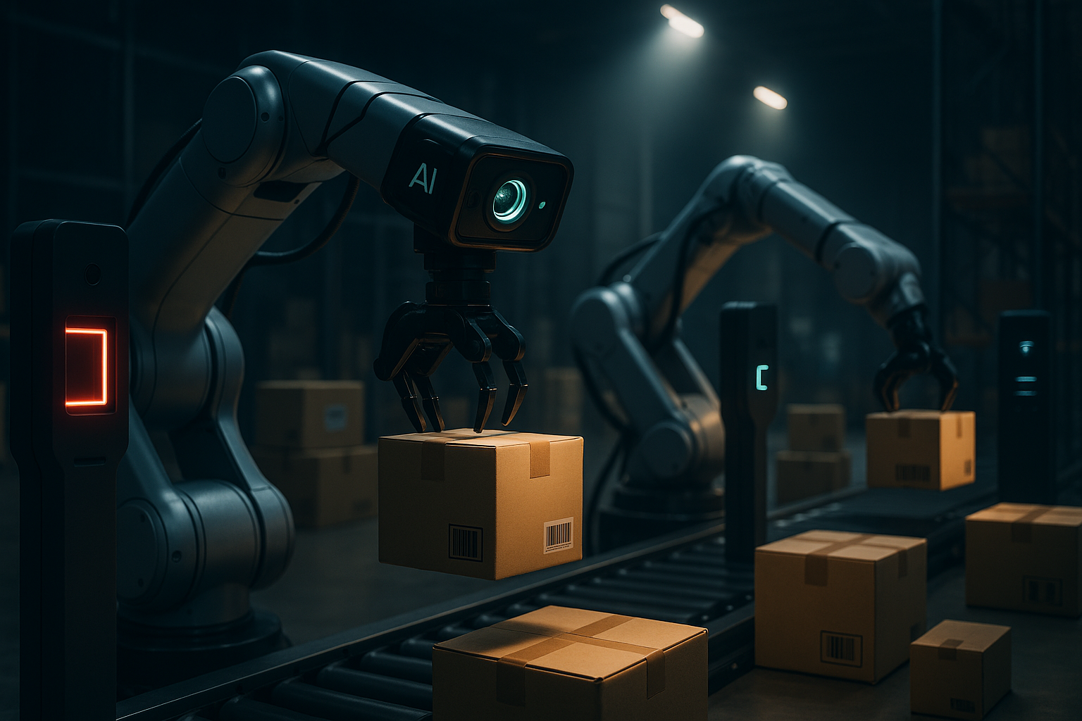 A high-tech industrial warehouse scene featuring advanced robotic arms with integrated AI-powered 3D vision cameras assembling and sorting products, surrounded by sleek barcode scanners and RFID sensors subtly integrated into the environment, under dramatic, cinematic lighting that highlights the synergy of automation and intelligent technology.