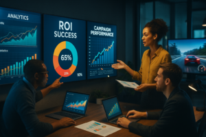 A dynamic, cinematic shot of a diverse team of marketing professionals in a modern office space actively analyzing data charts and campaign performance on large digital screens, with a sleek gaming setup and racing game visuals subtly visible in the background, capturing a sense of strategy, collaboration, and high-impact ROI success.