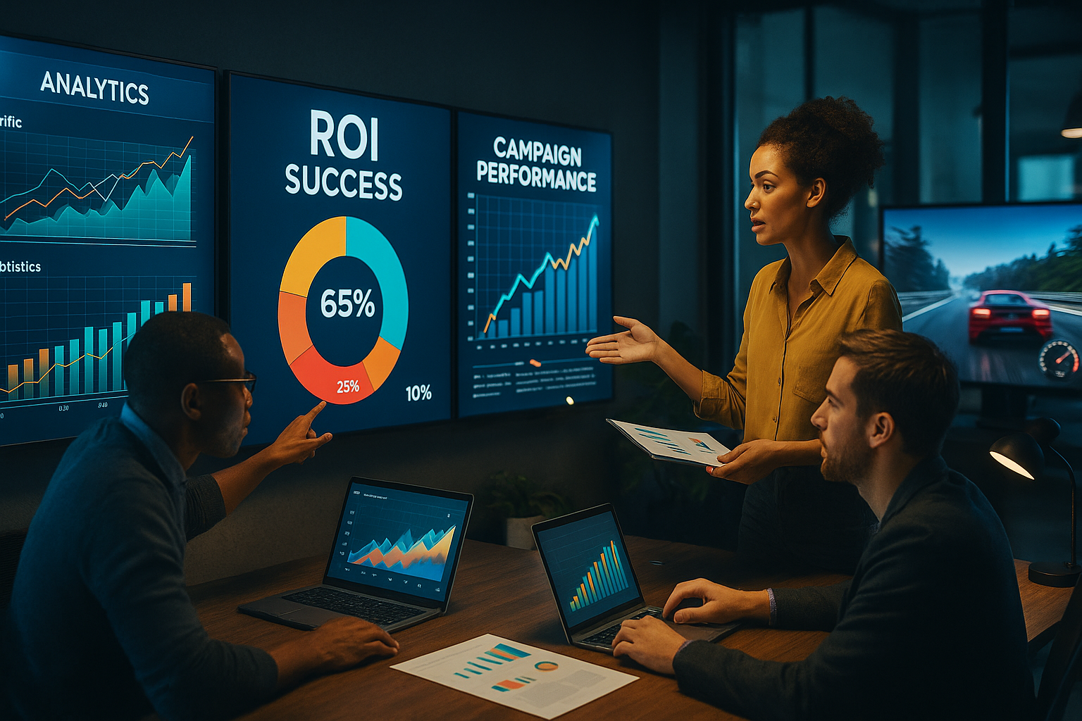 A dynamic, cinematic shot of a diverse team of marketing professionals in a modern office space actively analyzing data charts and campaign performance on large digital screens, with a sleek gaming setup and racing game visuals subtly visible in the background, capturing a sense of strategy, collaboration, and high-impact ROI success.