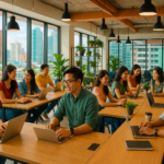 A dynamic, modern co-working office interior in a vibrant Philippine city, filled with diverse young professionals collaborating and working on laptops amid open floor plans illuminated by natural light and greenery, capturing the energy and innovation of the 2026 flexible workspace market.