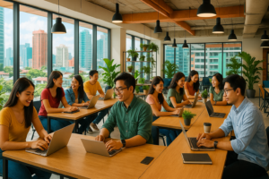 A dynamic, modern co-working office interior in a vibrant Philippine city, filled with diverse young professionals collaborating and working on laptops amid open floor plans illuminated by natural light and greenery, capturing the energy and innovation of the 2026 flexible workspace market.