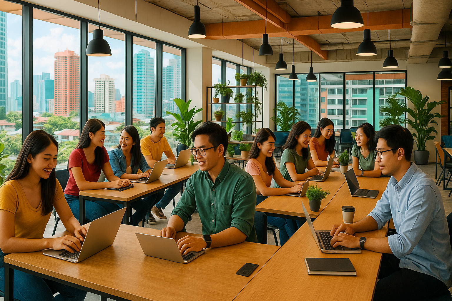 A dynamic, modern co-working office interior in a vibrant Philippine city, filled with diverse young professionals collaborating and working on laptops amid open floor plans illuminated by natural light and greenery, capturing the energy and innovation of the 2026 flexible workspace market.