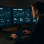 A focused professional at a sleek modern workspace managing multiple email campaign dashboards on large monitors, illuminated by soft cinematic lighting that highlights digital graphs and domain security icons subtly displayed on the screens.