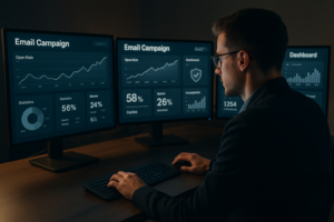 A focused professional at a sleek modern workspace managing multiple email campaign dashboards on large monitors, illuminated by soft cinematic lighting that highlights digital graphs and domain security icons subtly displayed on the screens.