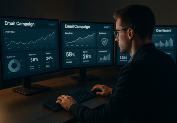 A focused professional at a sleek modern workspace managing multiple email campaign dashboards on large monitors, illuminated by soft cinematic lighting that highlights digital graphs and domain security icons subtly displayed on the screens.