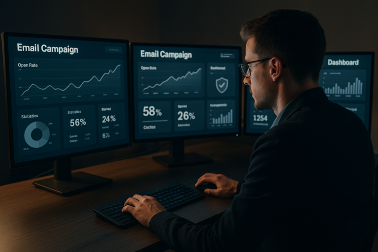 A focused professional at a sleek modern workspace managing multiple email campaign dashboards on large monitors, illuminated by soft cinematic lighting that highlights digital graphs and domain security icons subtly displayed on the screens.