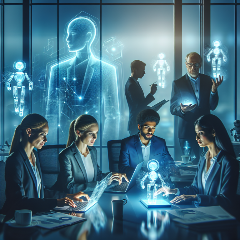 A sleek modern office environment bathed in cool blue light, featuring a diverse team of professionals collaborating with holographic digital interfaces and translucent floating robotic icons symbolizing automation, conveying dynamic innovation and the rapid growth of robotic process automation technology.