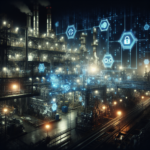 A dramatic nighttime shot of an industrial factory complex with illuminated machinery and control panels, overlaid by subtle digital holographic cybersecurity icons and flowing data streams, conveying the fusion of advanced automation and cyber defense in a high-tech, cinematic atmosphere.