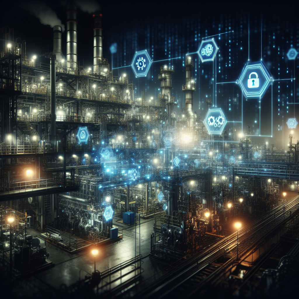 A dramatic nighttime shot of an industrial factory complex with illuminated machinery and control panels, overlaid by subtle digital holographic cybersecurity icons and flowing data streams, conveying the fusion of advanced automation and cyber defense in a high-tech, cinematic atmosphere.