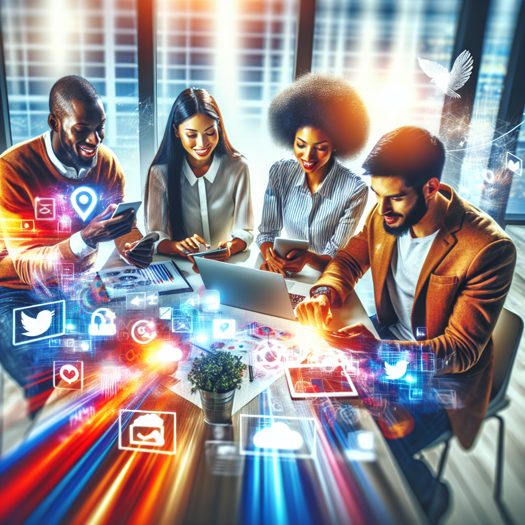 A dynamic, cinematic editorial photo of a diverse group of young professionals brainstorming and engaging with social media content on multiple devices in a modern, bright office, capturing energy, collaboration, and digital growth strategies.