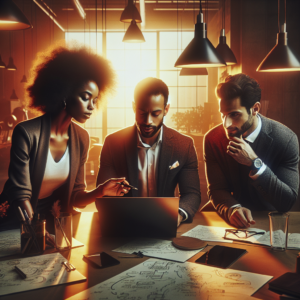 A cinematic, editorial-style image capturing a diverse group of focused entrepreneurs collaborating intensely around a sleek workspace with laptops and notebooks, bathed in warm natural light that highlights energy, innovation, and the dynamic momentum of startup growth and partnerships.