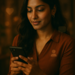 A cinematic editorial portrait of a confident South Asian woman thoughtfully engaging with her smartphone, surrounded by subtle warm lighting and soft-focus elements hinting at social media icons and digital connection, capturing the essence of authentic content creation and community building.