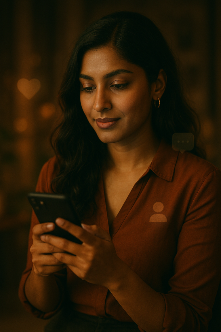 A cinematic editorial portrait of a confident South Asian woman thoughtfully engaging with her smartphone, surrounded by subtle warm lighting and soft-focus elements hinting at social media icons and digital connection, capturing the essence of authentic content creation and community building.